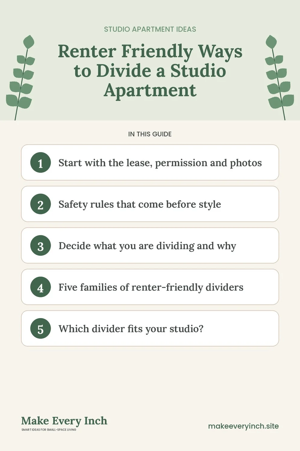 Pinterest pin listing the main topics in: Renter Friendly Ways to Divide a Studio Apartment