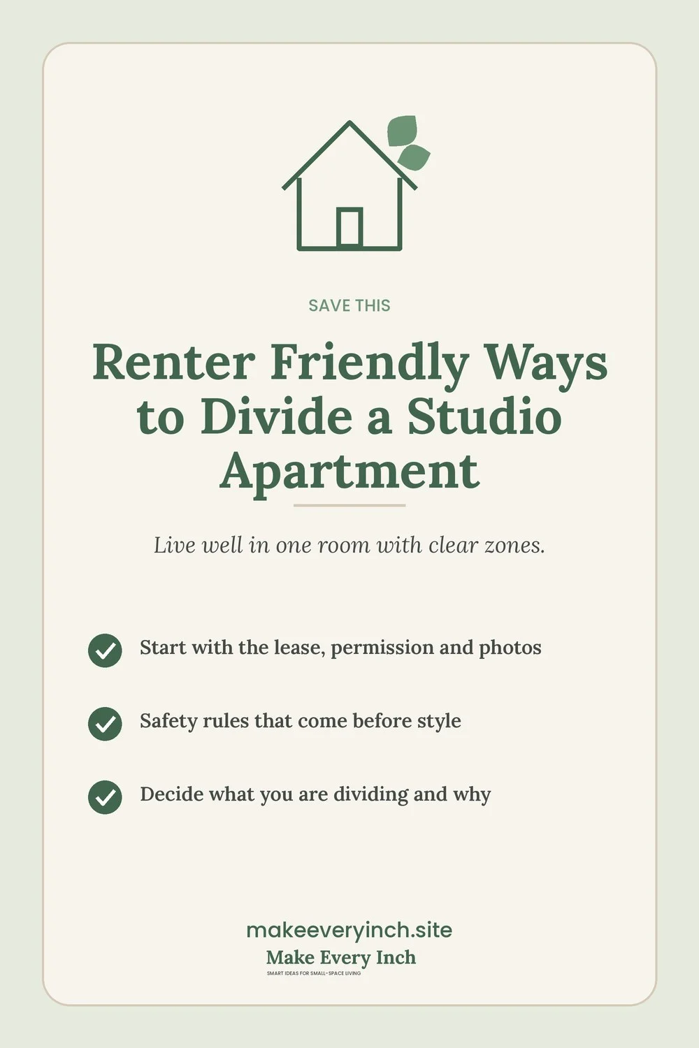 Save-this Pinterest pin with a short checklist for: Renter Friendly Ways to Divide a Studio Apartment