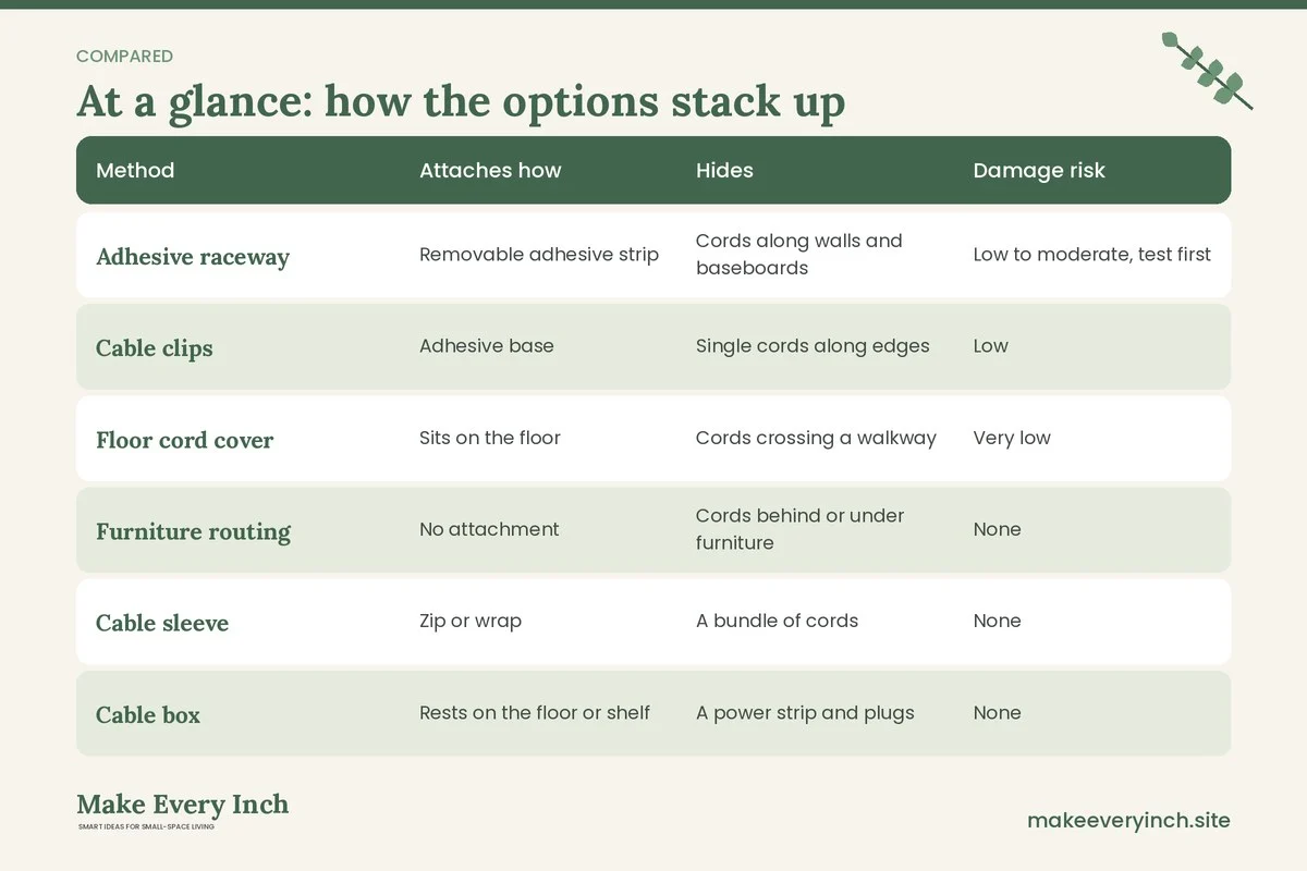 Comparison table of options for: Renter Friendly Ways to Hide Cords (Method, Attaches how, Hides, Damage risk)
