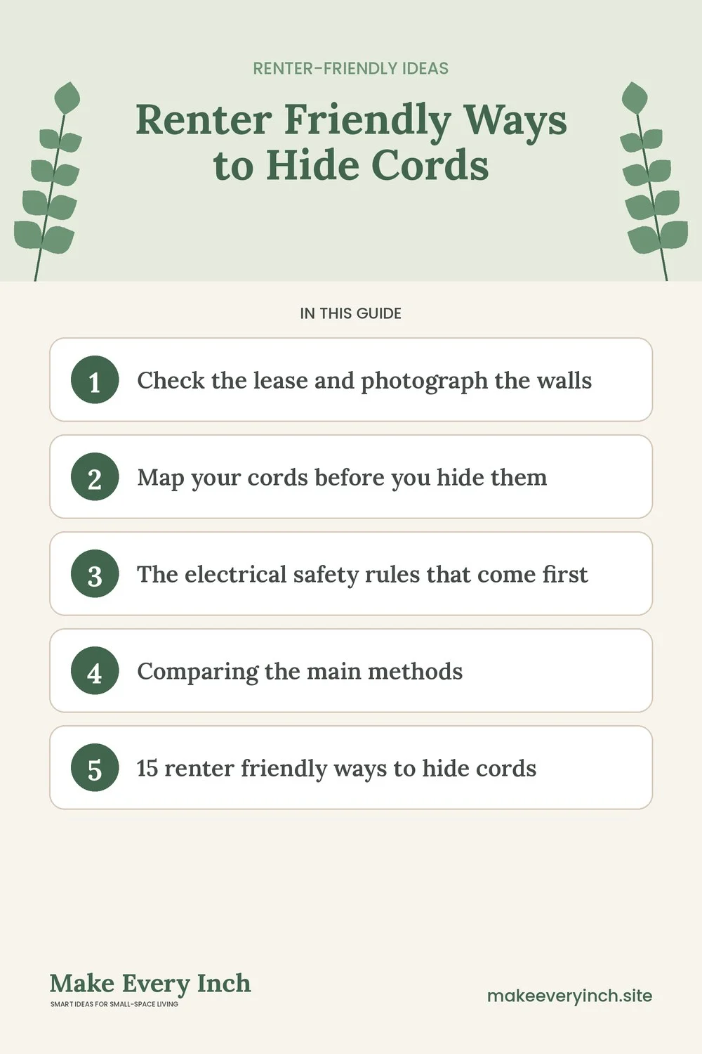 Pinterest pin listing the main topics in: Renter Friendly Ways to Hide Cords