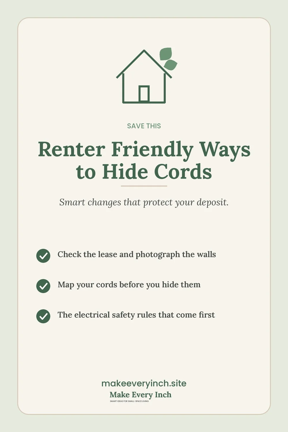 Save-this Pinterest pin with a short checklist for: Renter Friendly Ways to Hide Cords