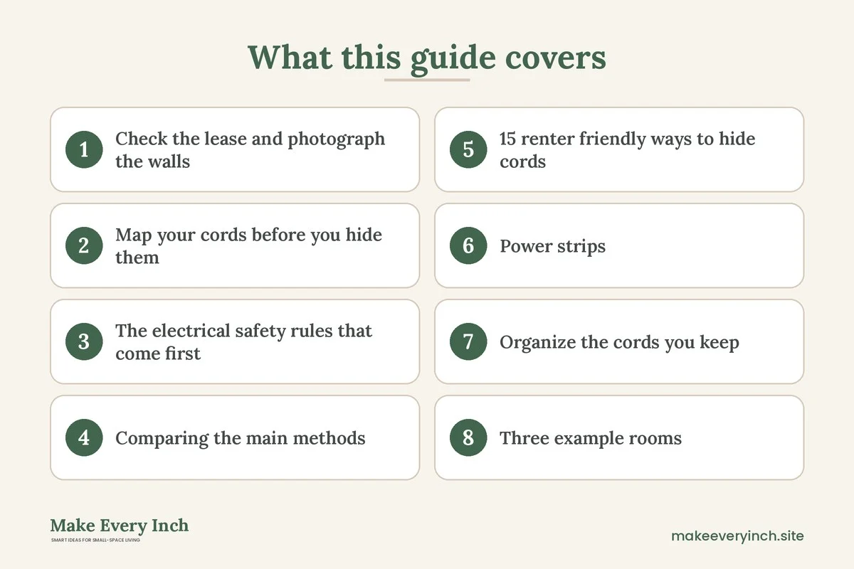 Graphic listing 8 topics covered in: Renter Friendly Ways to Hide Cords