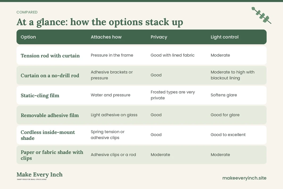 Comparison table of options for: Renter Friendly Window Treatment Ideas (Option, Attaches how, Privacy, Light control)