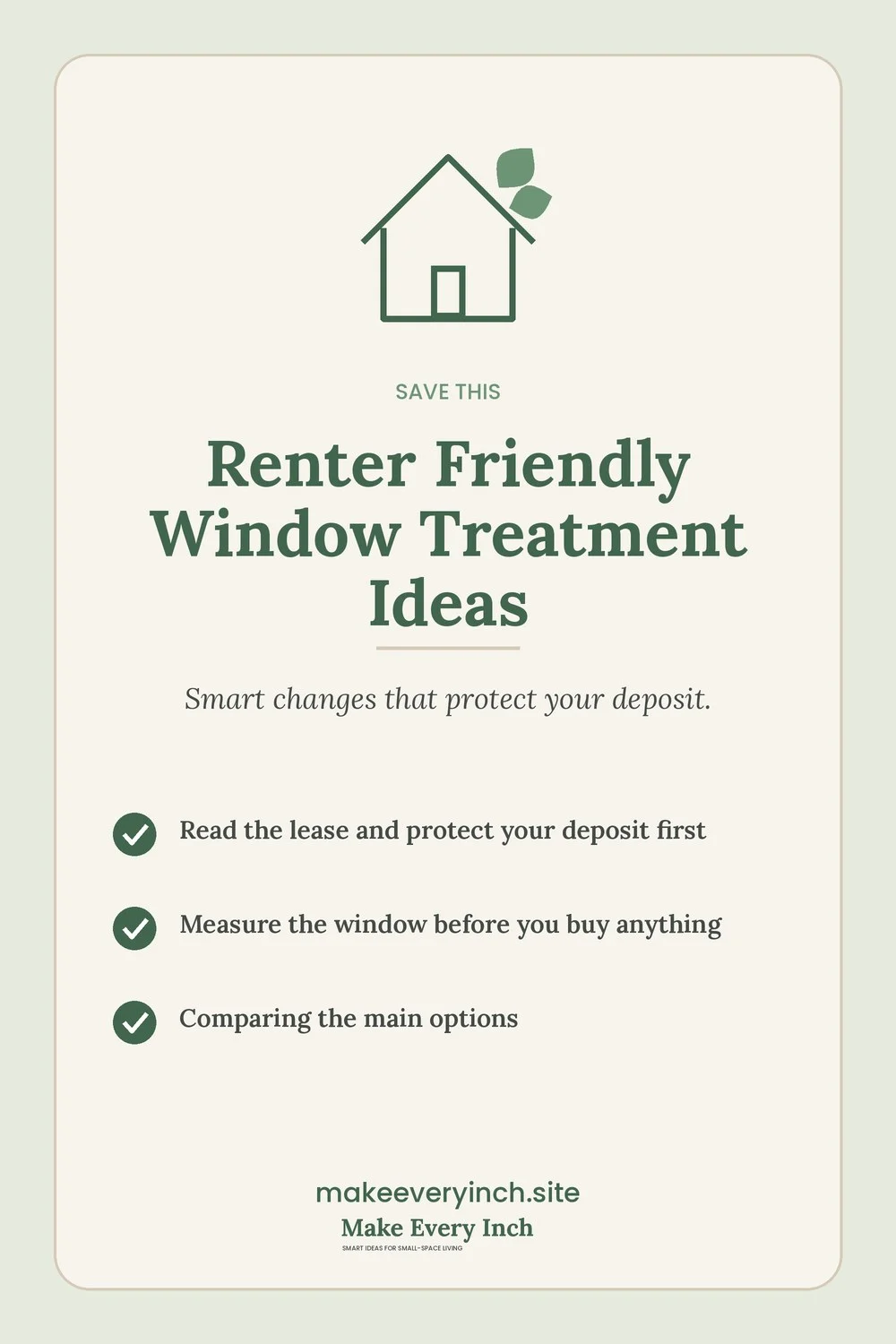 Save-this Pinterest pin with a short checklist for: Renter Friendly Window Treatment Ideas