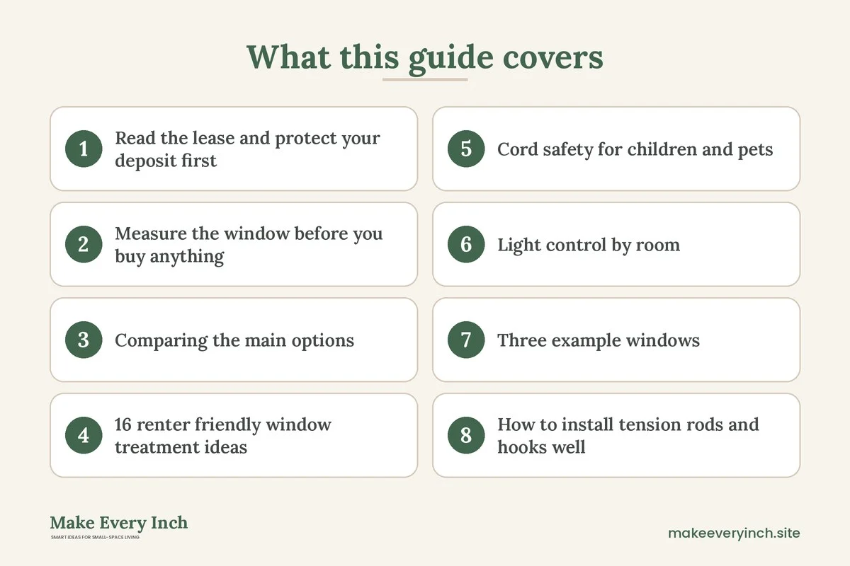 Graphic listing 8 topics covered in: Renter Friendly Window Treatment Ideas