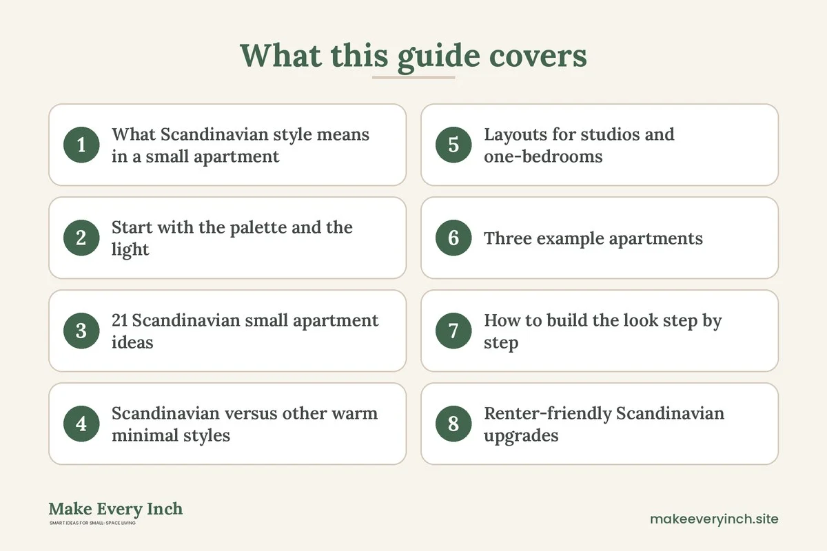 Graphic listing 8 topics covered in: 21 Scandinavian Small Apartment Ideas That Feel Light and Calm