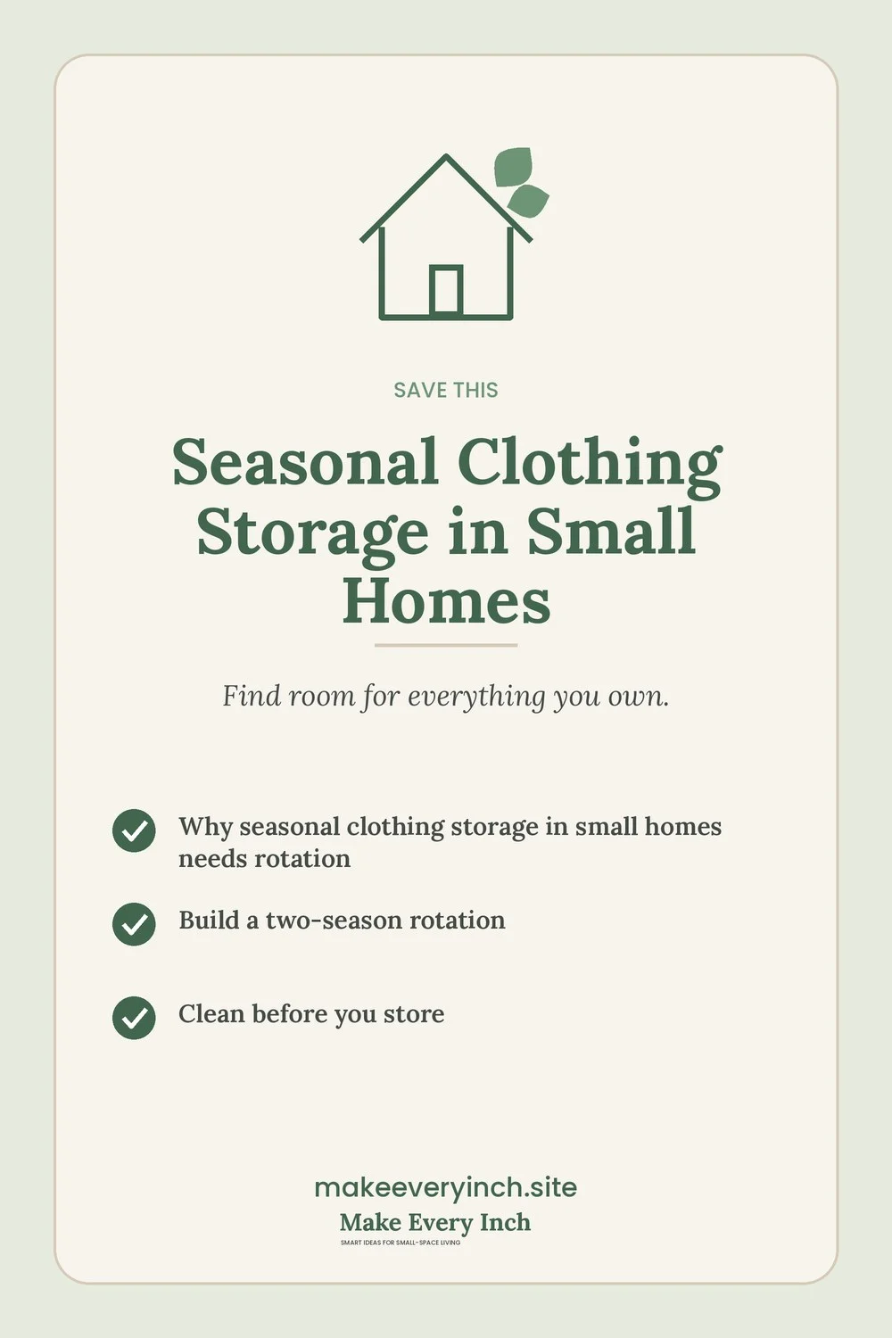 Save-this Pinterest pin with a short checklist for: Seasonal Clothing Storage in Small Homes