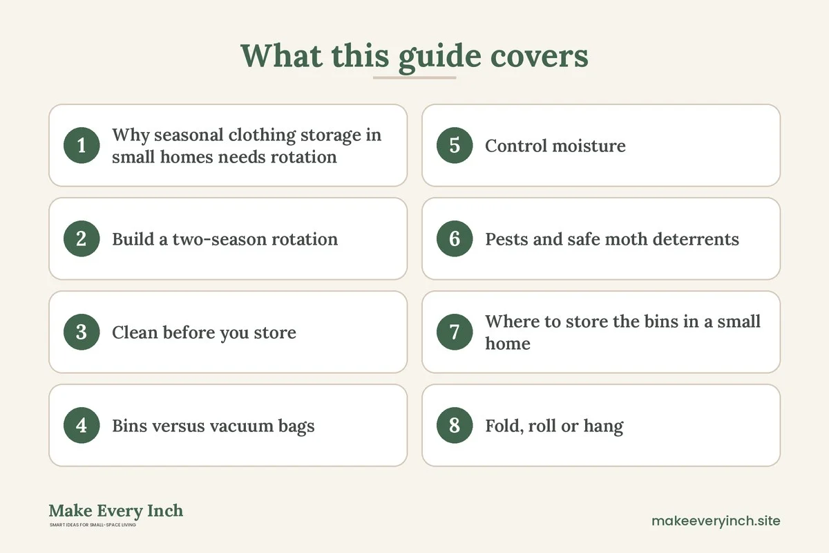 Graphic listing 8 topics covered in: Seasonal Clothing Storage in Small Homes
