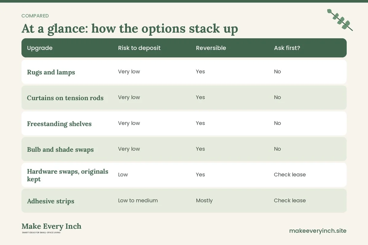Comparison table of options for: 25 Security Deposit Safe Apartment Upgrades You Can Undo (Upgrade, Risk to deposit, Reversible, Ask first?)