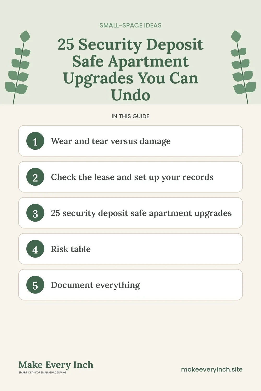 Pinterest pin listing the main topics in: 25 Security Deposit Safe Apartment Upgrades You Can Undo