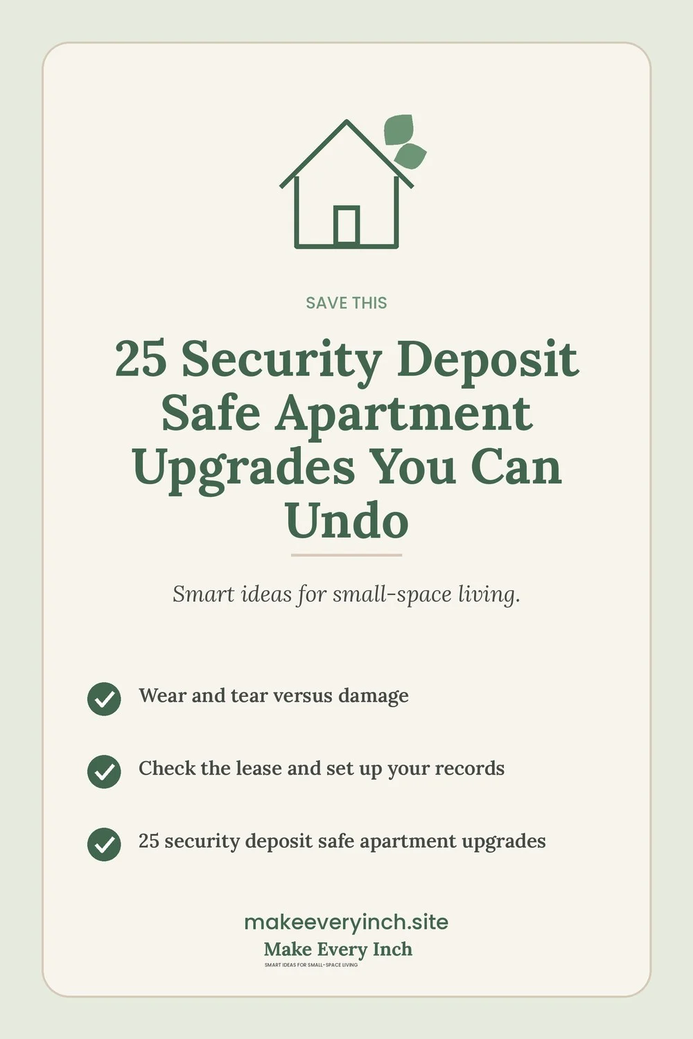 Save-this Pinterest pin with a short checklist for: 25 Security Deposit Safe Apartment Upgrades You Can Undo