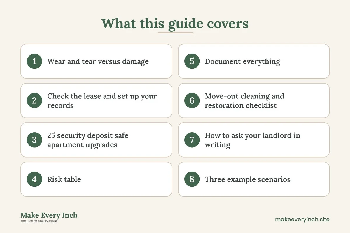 Graphic listing 8 topics covered in: 25 Security Deposit Safe Apartment Upgrades You Can Undo