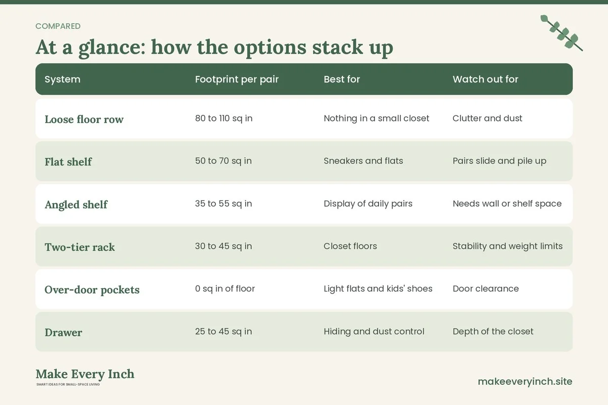 Comparison table of options for: Shoe Storage Ideas for Small Closets (System, Footprint per pair, Best for, Watch out for)