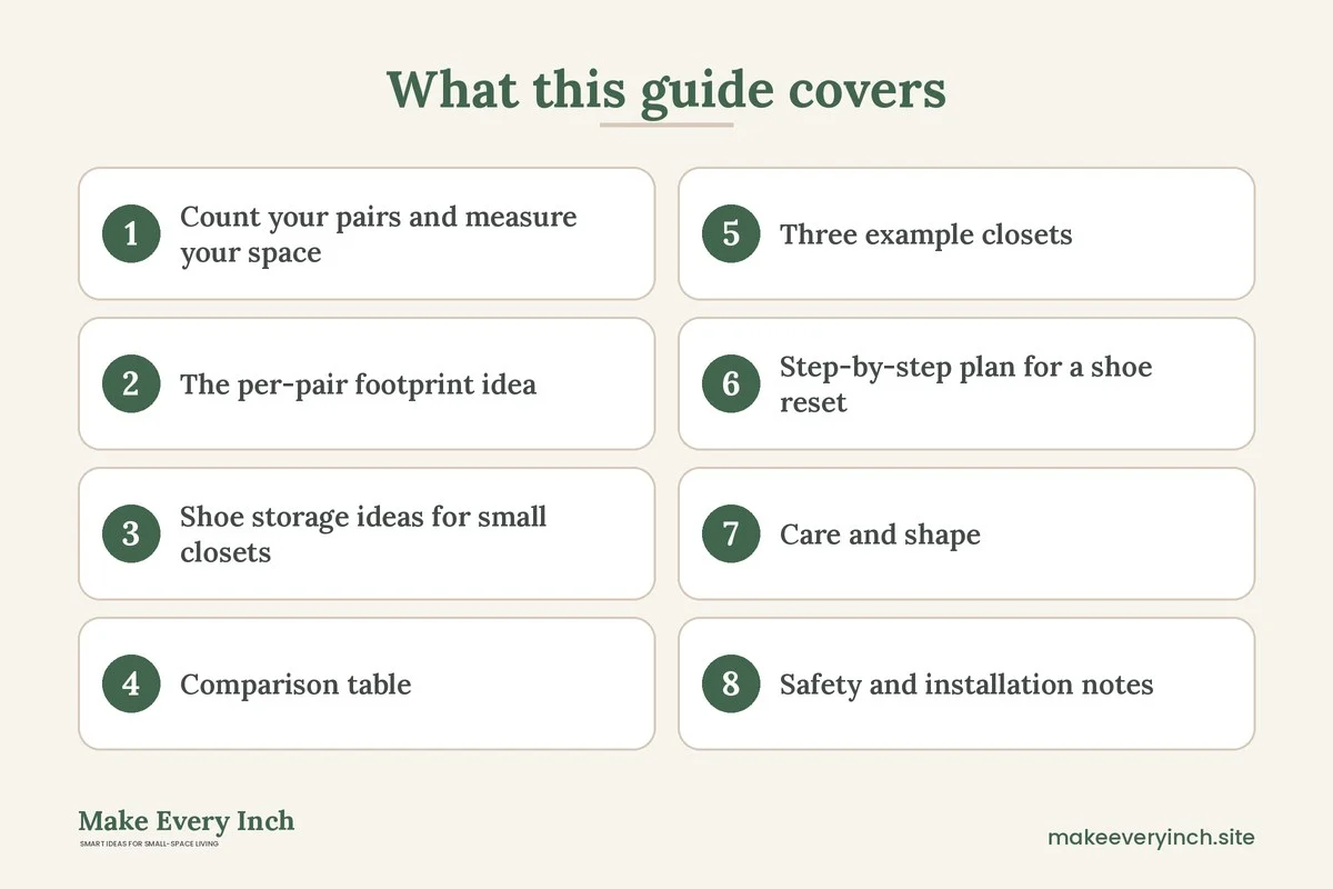 Graphic listing 8 topics covered in: Shoe Storage Ideas for Small Closets