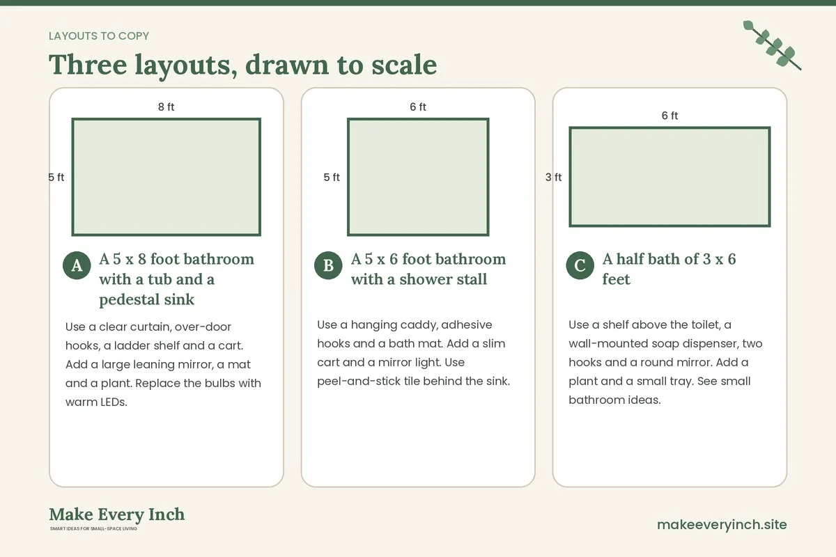 Three room layouts drawn to scale with dimensions and placement notes for: 21 Small Apartment Bathroom Ideas That Work in Rentals