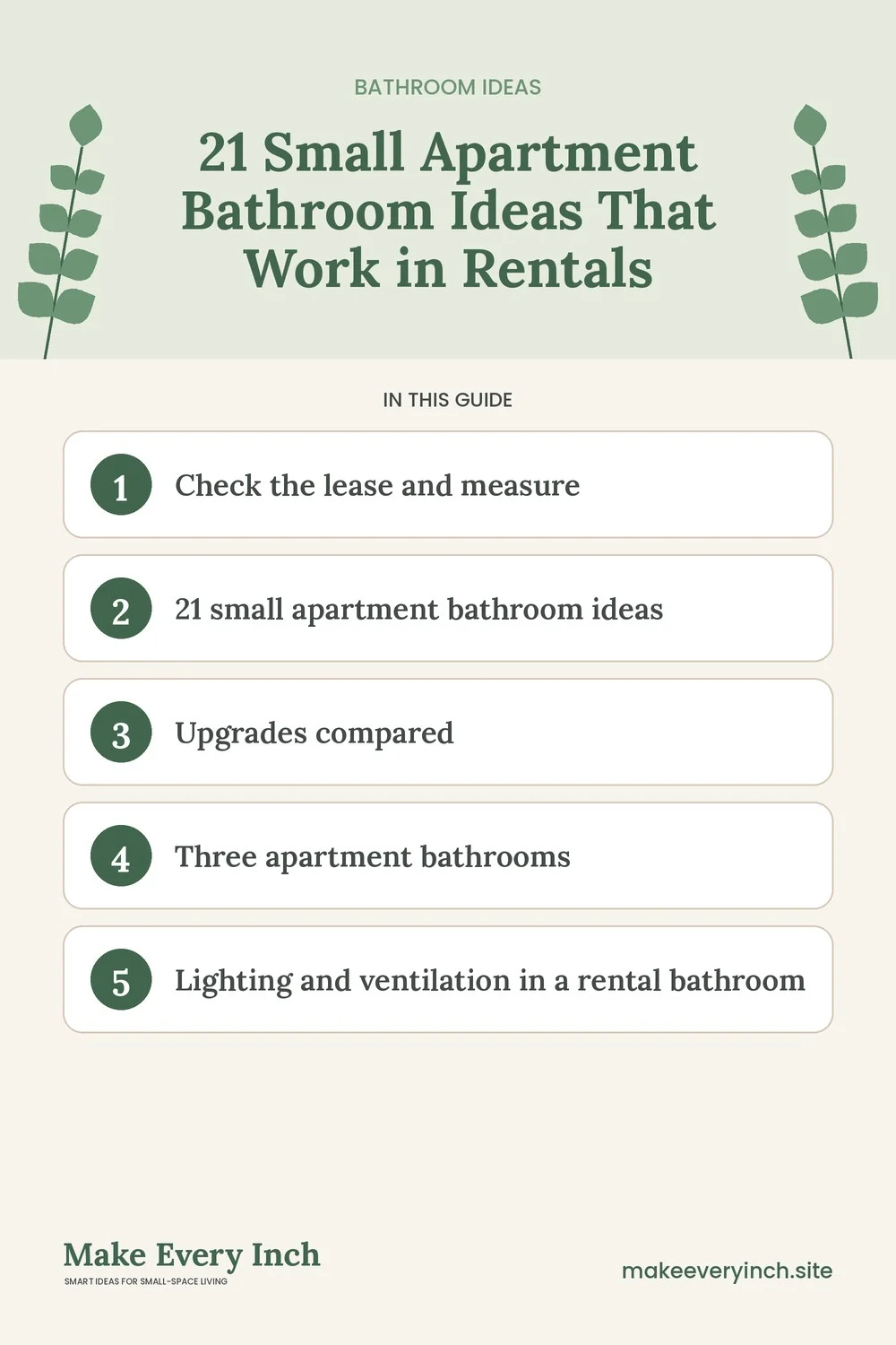 Pinterest pin listing the main topics in: 21 Small Apartment Bathroom Ideas That Work in Rentals