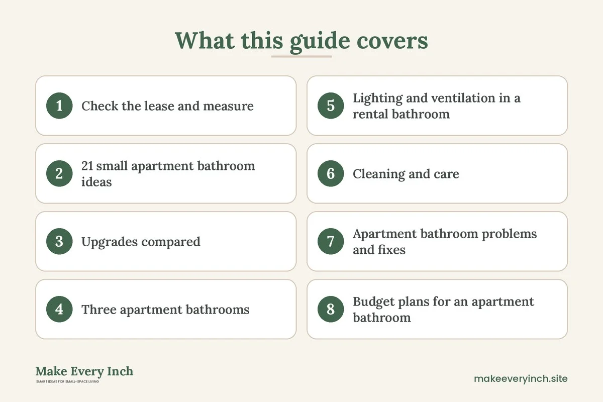 Graphic listing 8 topics covered in: 21 Small Apartment Bathroom Ideas That Work in Rentals