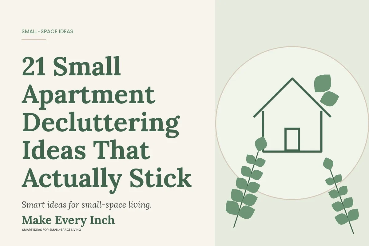 21 Small Apartment Decluttering Ideas That Actually Stick, Make Every Inch cover with a house and leaf illustration