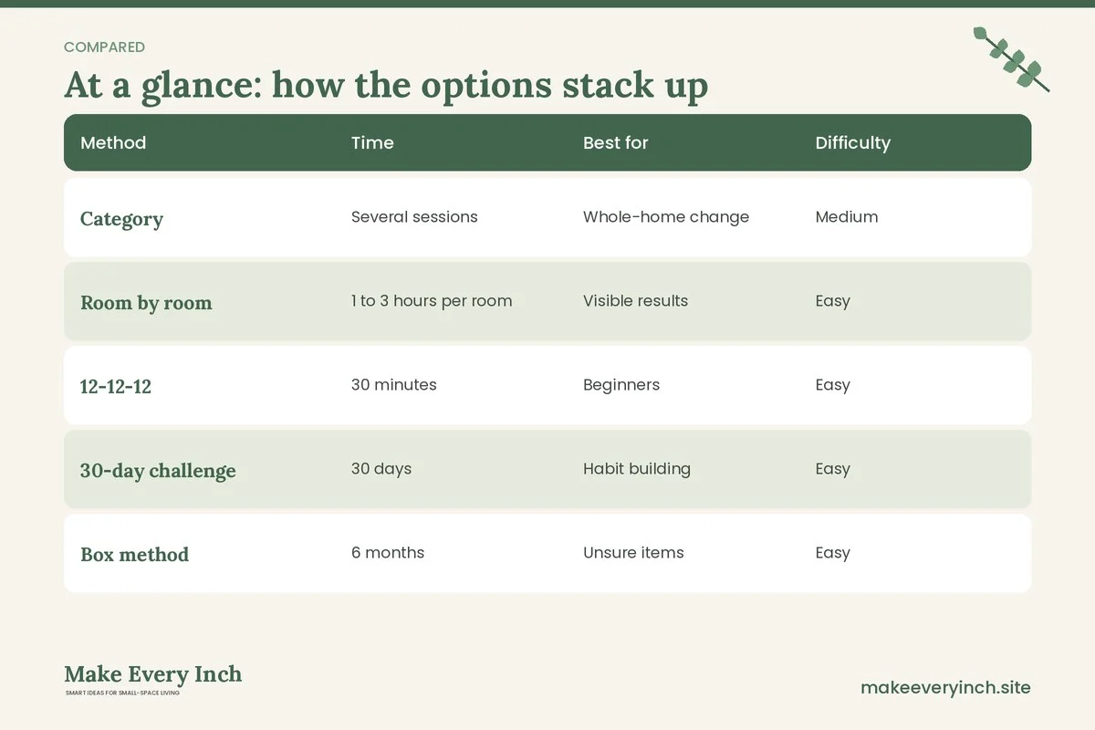 Comparison table of options for: 21 Small Apartment Decluttering Ideas That Actually Stick (Method, Time, Best for, Difficulty)