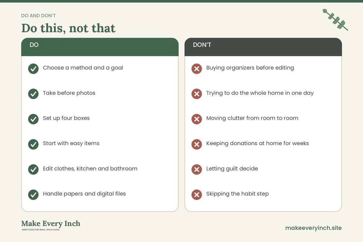 Do and don't checklist for: 21 Small Apartment Decluttering Ideas That Actually Stick