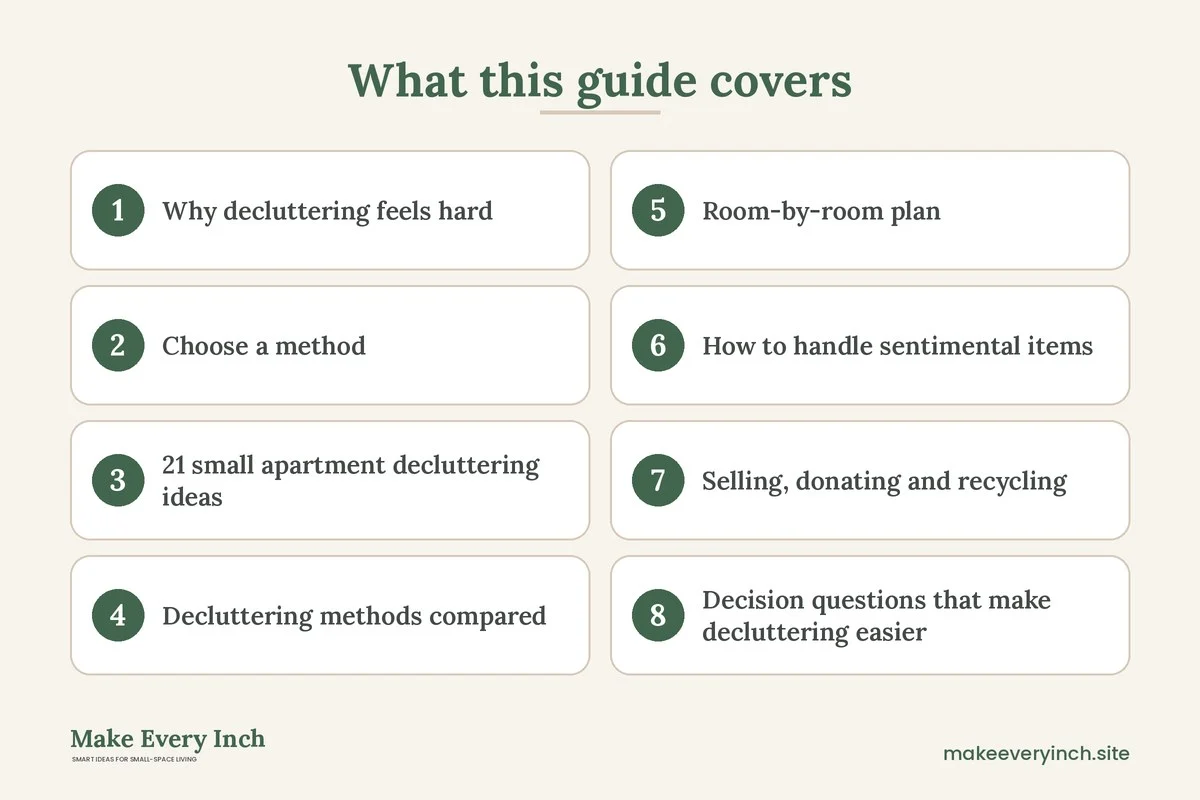 Graphic listing 8 topics covered in: 21 Small Apartment Decluttering Ideas That Actually Stick