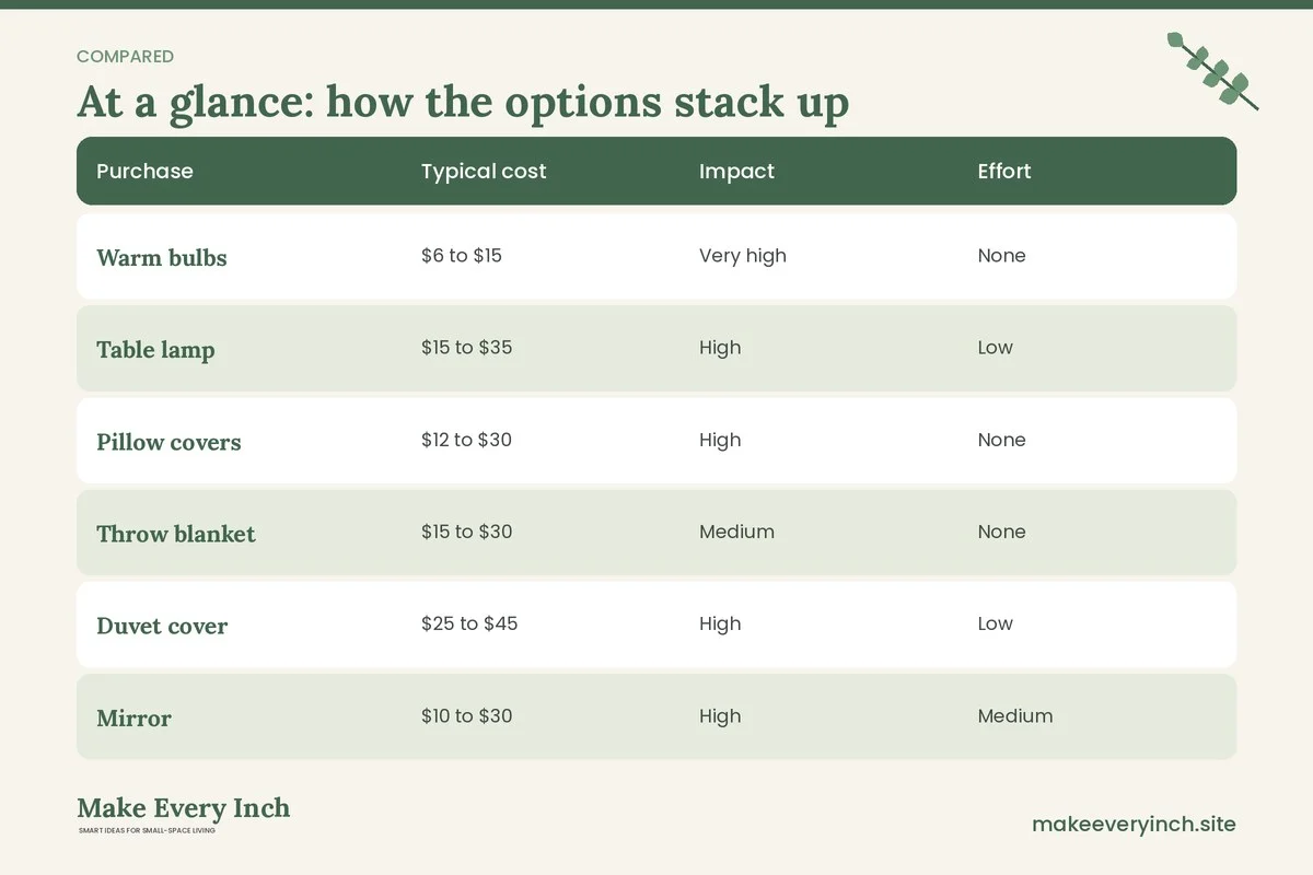 Comparison table of options for: 19 Small Apartment Decor Ideas That Cost Very Little (Purchase, Typical cost, Impact, Effort)