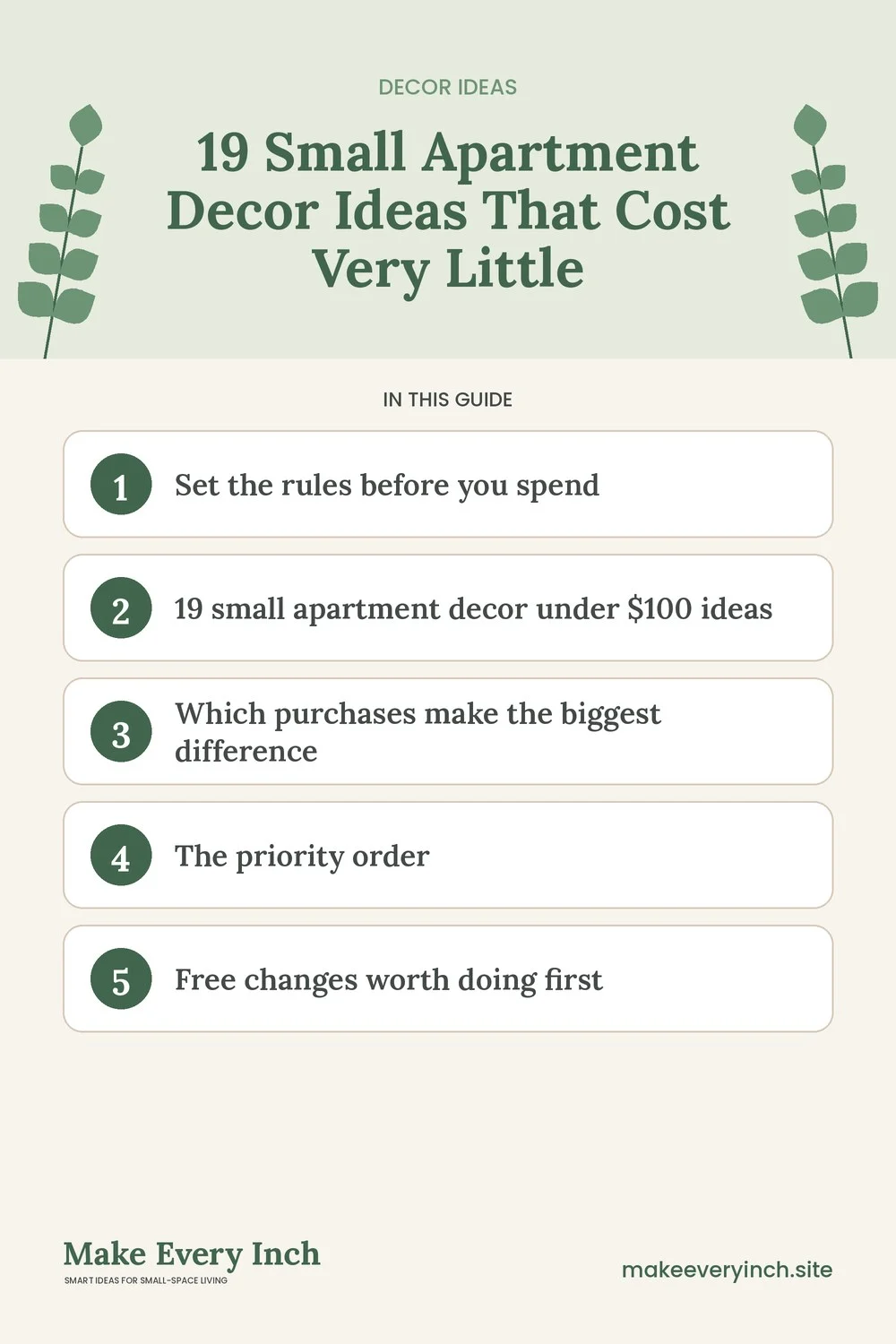 Pinterest pin listing the main topics in: 19 Small Apartment Decor Ideas That Cost Very Little