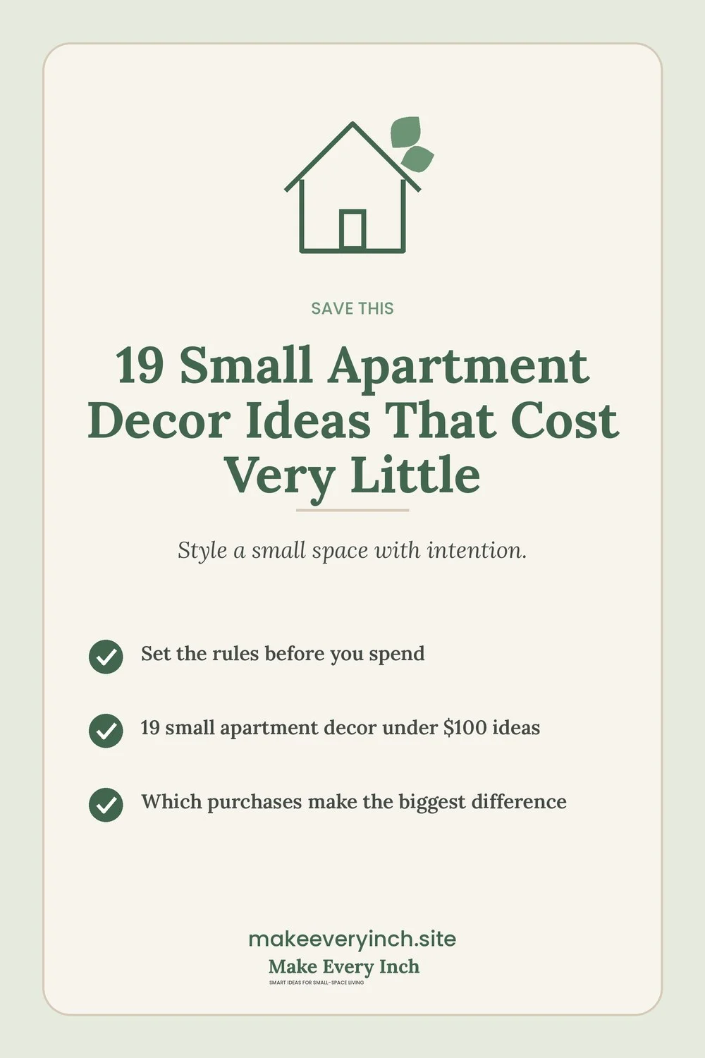 Save-this Pinterest pin with a short checklist for: 19 Small Apartment Decor Ideas That Cost Very Little