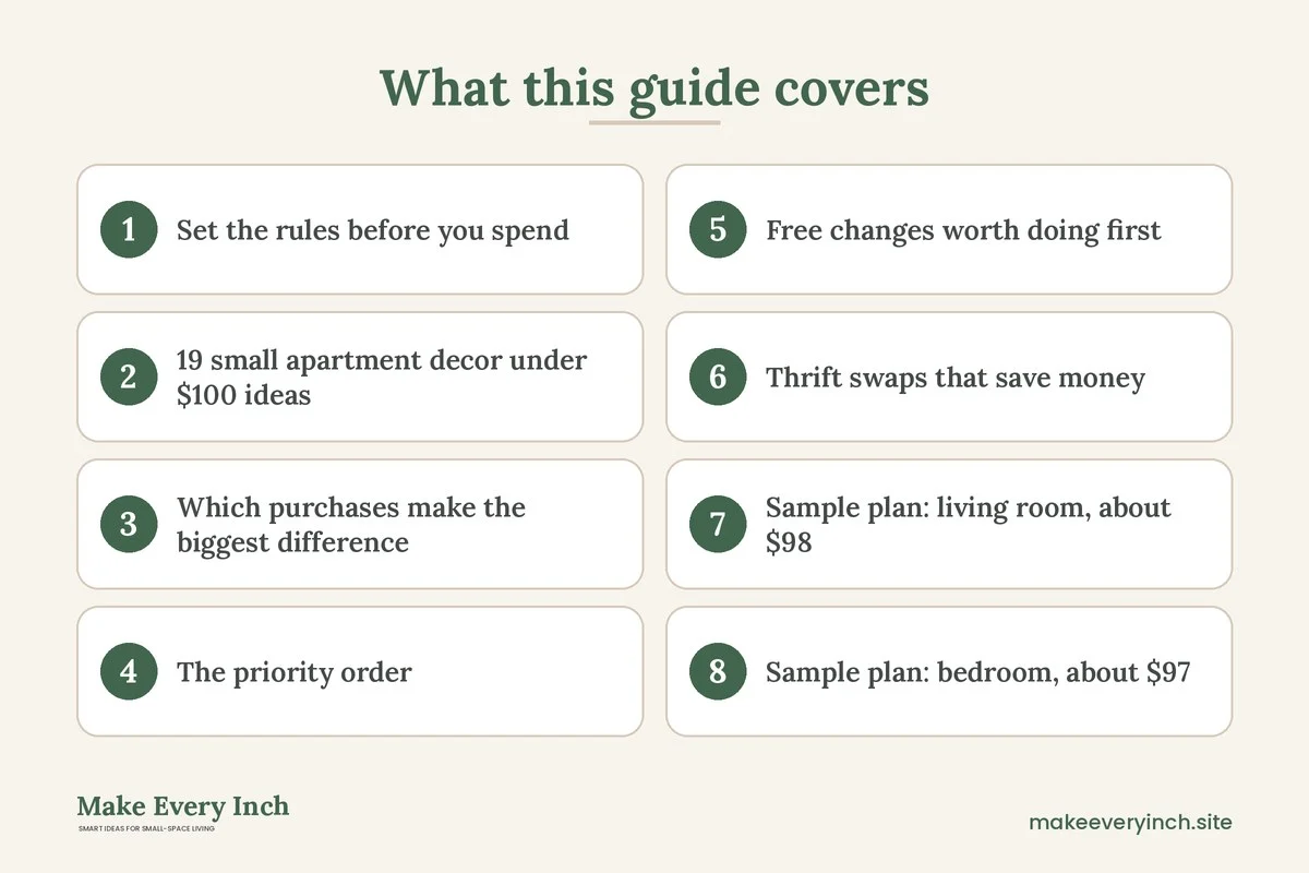 Graphic listing 8 topics covered in: 19 Small Apartment Decor Ideas That Cost Very Little