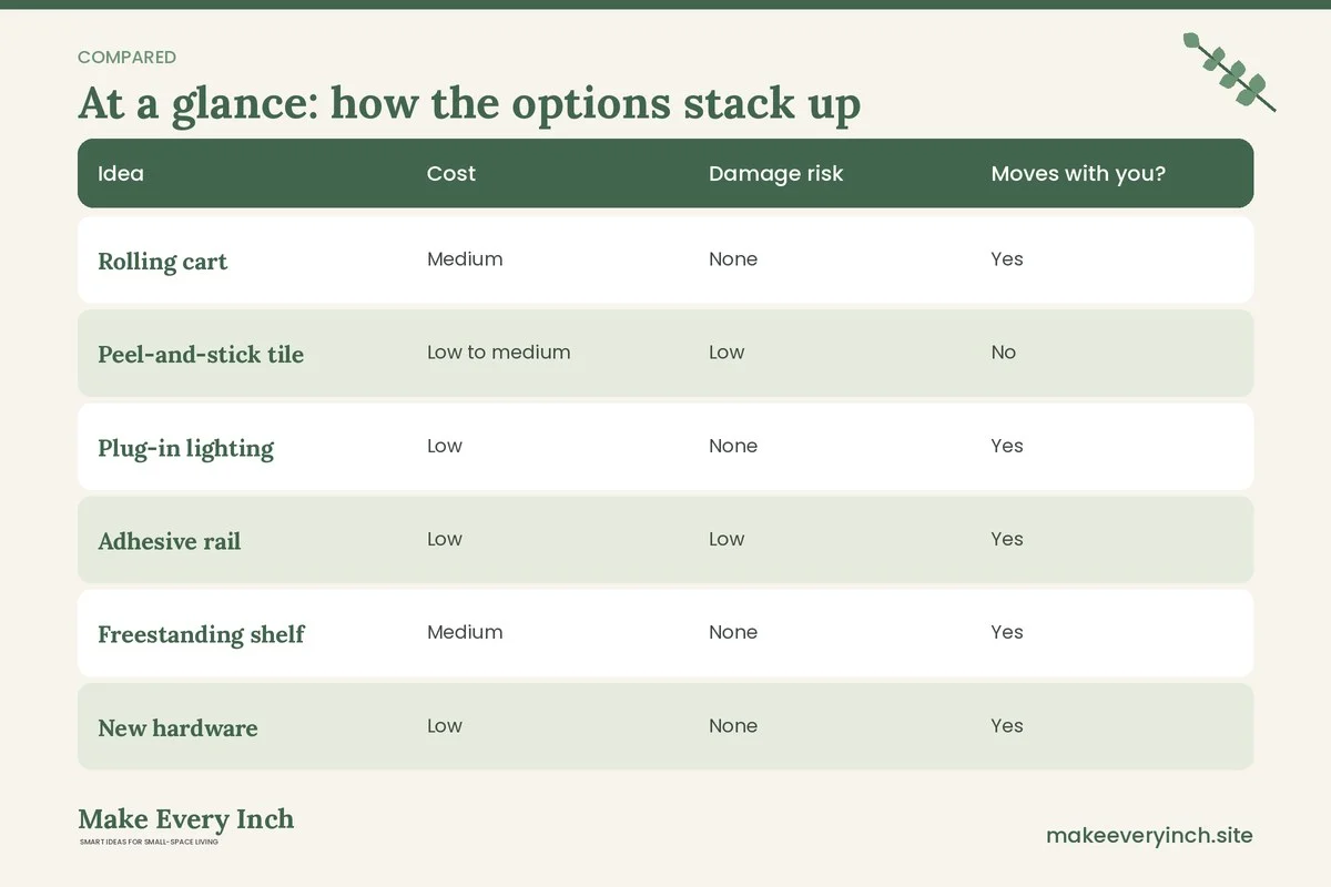 Comparison table of options for: 21 Small Apartment Kitchen Ideas That Work in Rentals (Idea, Cost, Damage risk, Moves with you?)