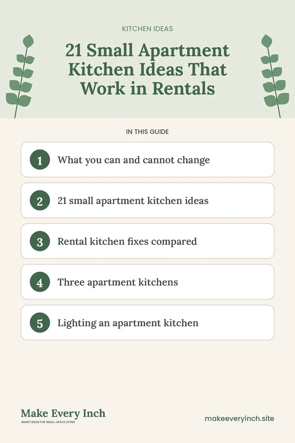 Pinterest pin listing the main topics in: 21 Small Apartment Kitchen Ideas That Work in Rentals