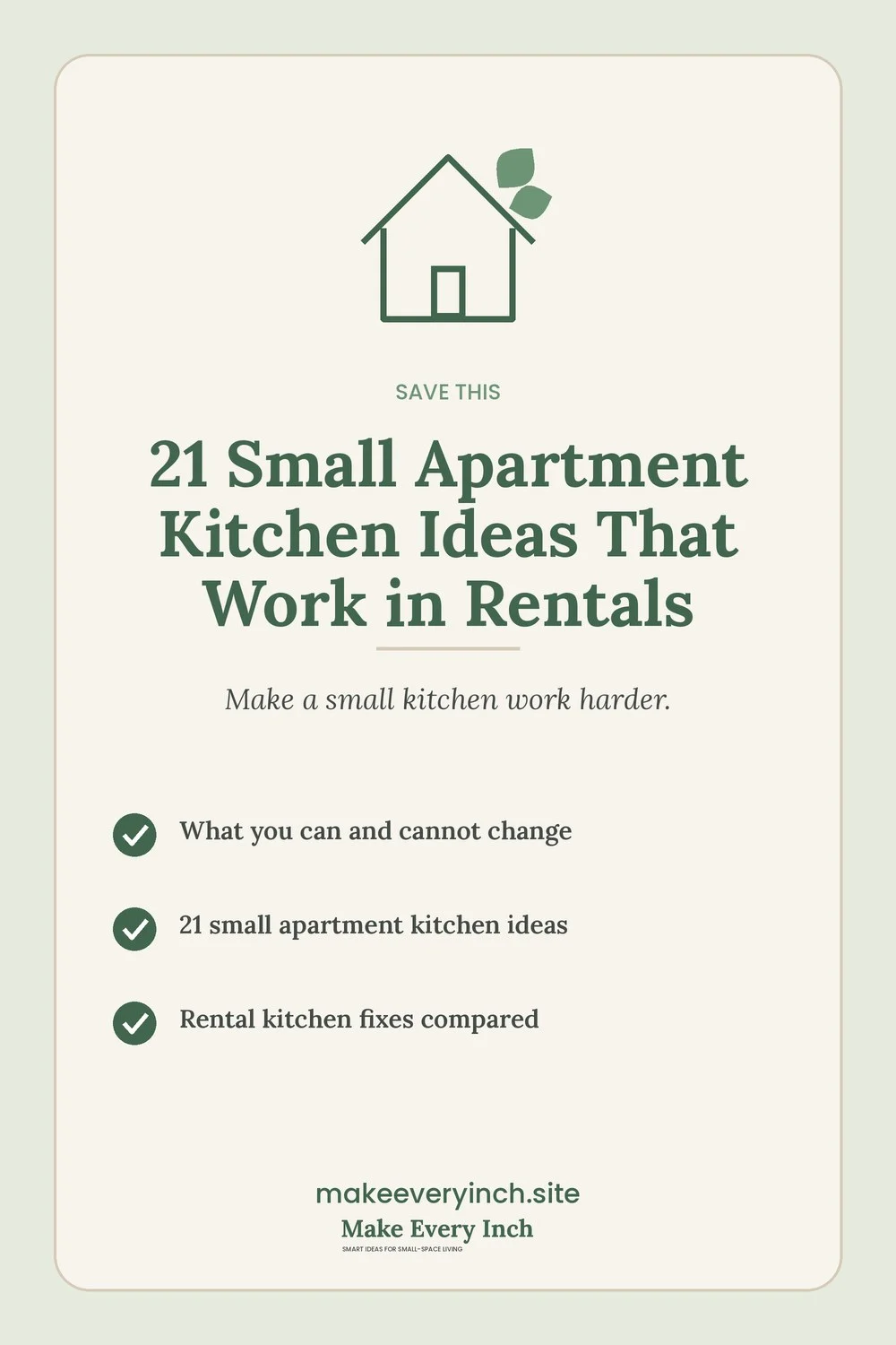 Save-this Pinterest pin with a short checklist for: 21 Small Apartment Kitchen Ideas That Work in Rentals