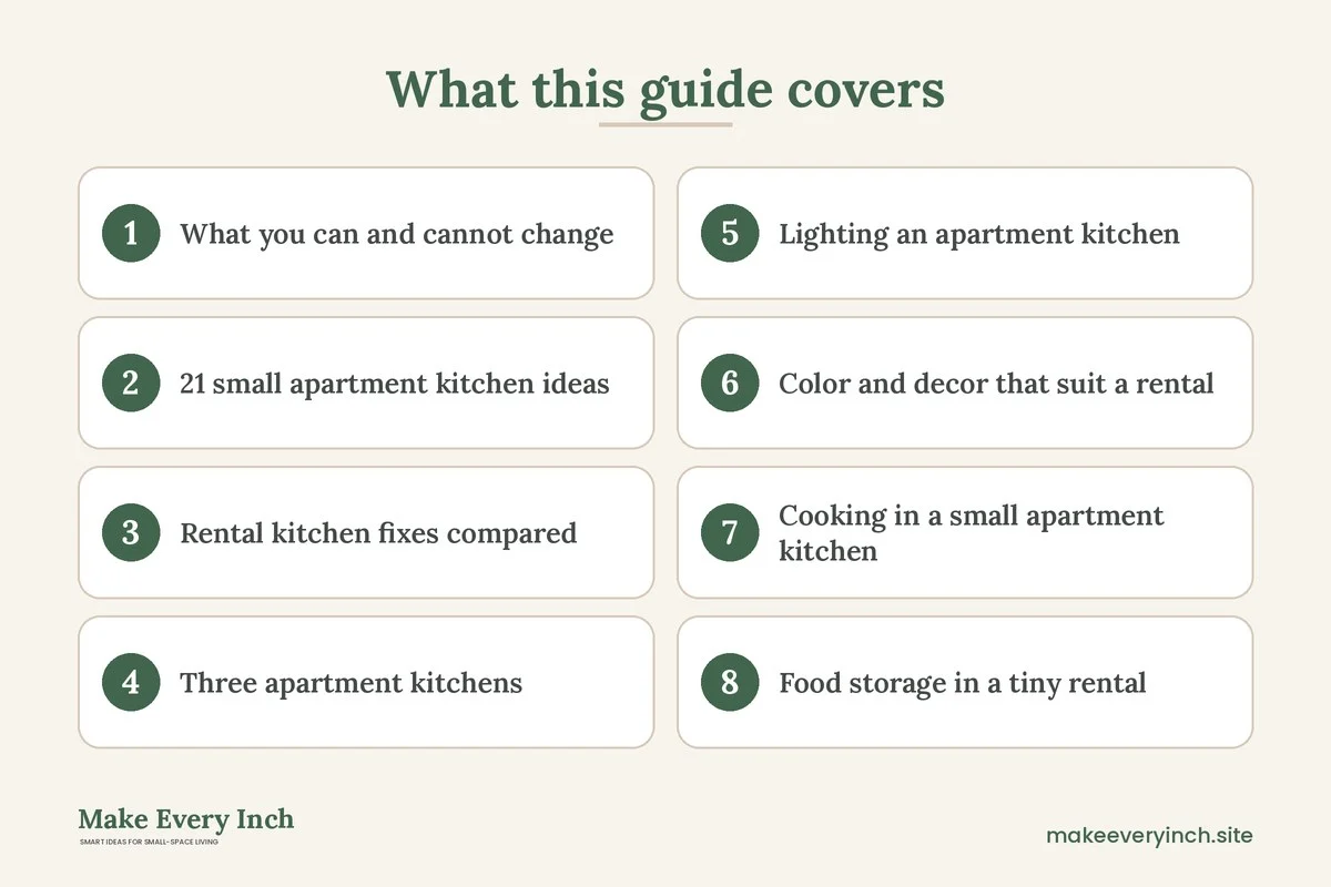 Graphic listing 8 topics covered in: 21 Small Apartment Kitchen Ideas That Work in Rentals