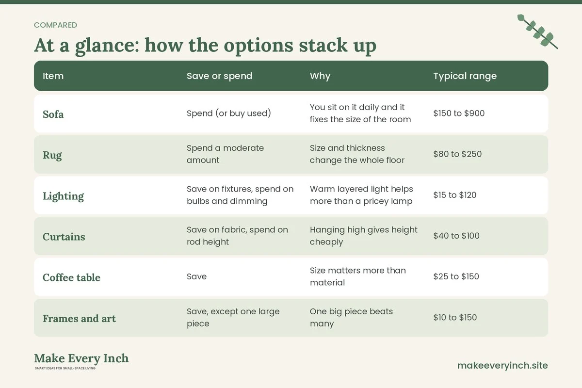 Comparison table of options for: 21 Small Apartment Living Room Ideas Budget Plans Can Deliver (Item, Save or spend, Why, Typical range)