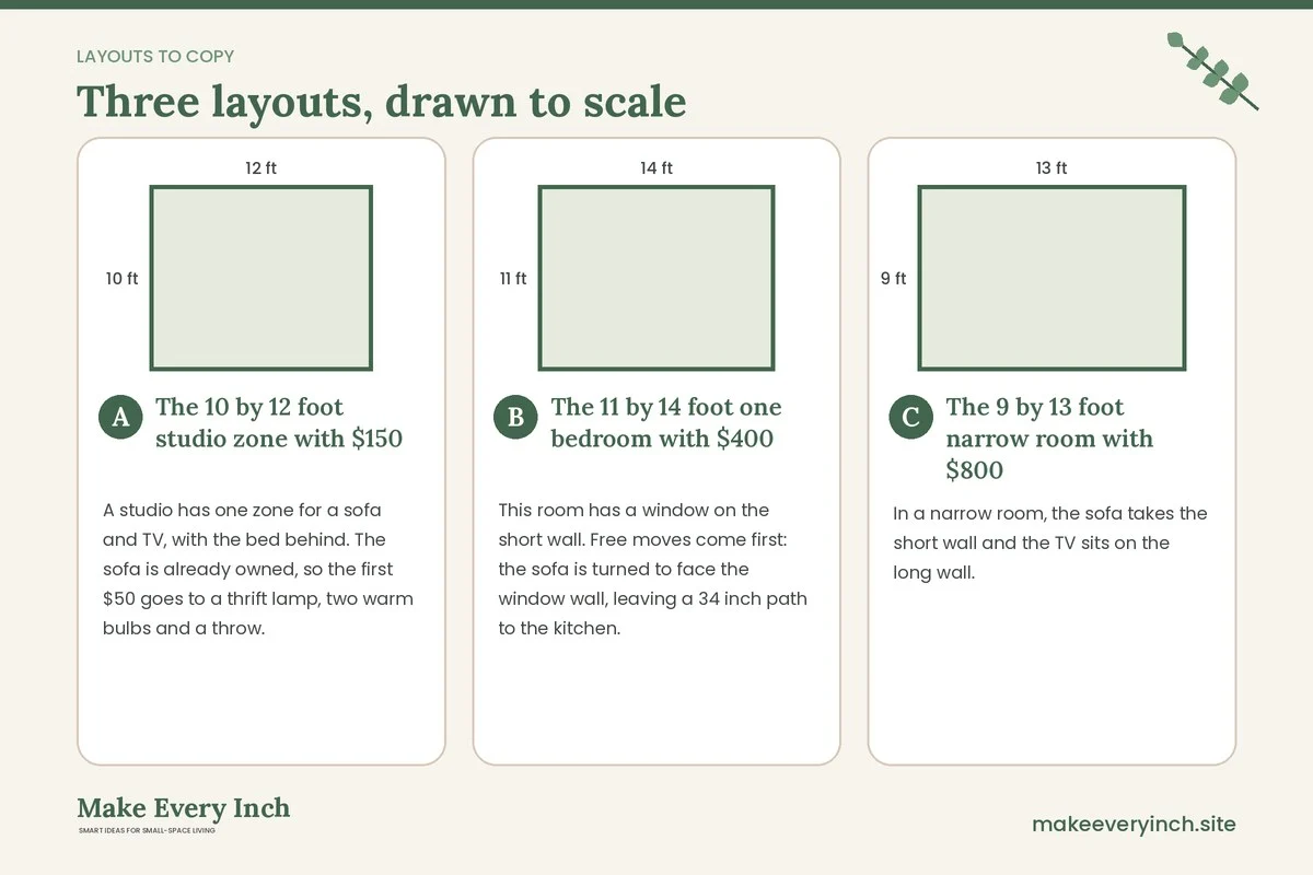 Three room layouts drawn to scale with dimensions and placement notes for: 21 Small Apartment Living Room Ideas Budget Plans Can Deliver