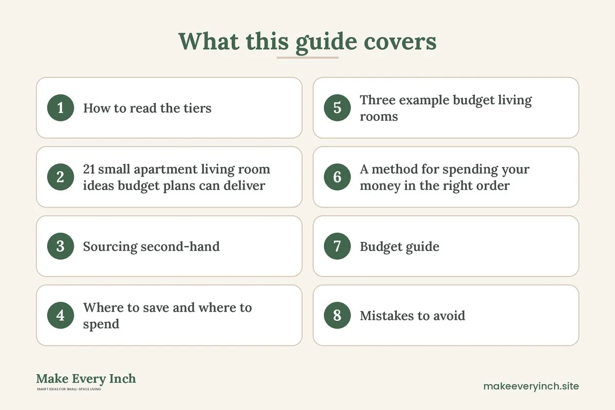 Graphic listing 8 topics covered in: 21 Small Apartment Living Room Ideas Budget Plans Can Deliver