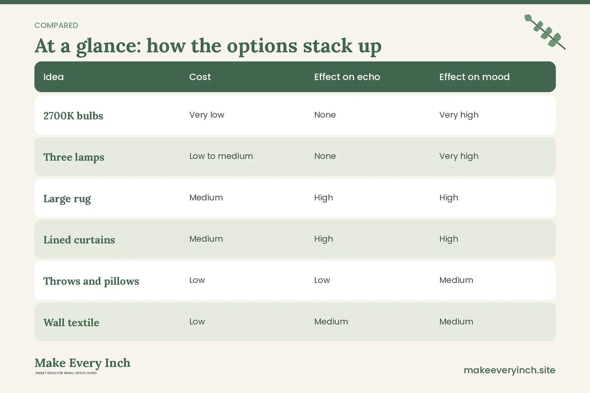 Comparison table of options for: 21 Small Apartment Living Room Ideas Cozy Enough to Live In (Idea, Cost, Effect on echo, Effect on mood)