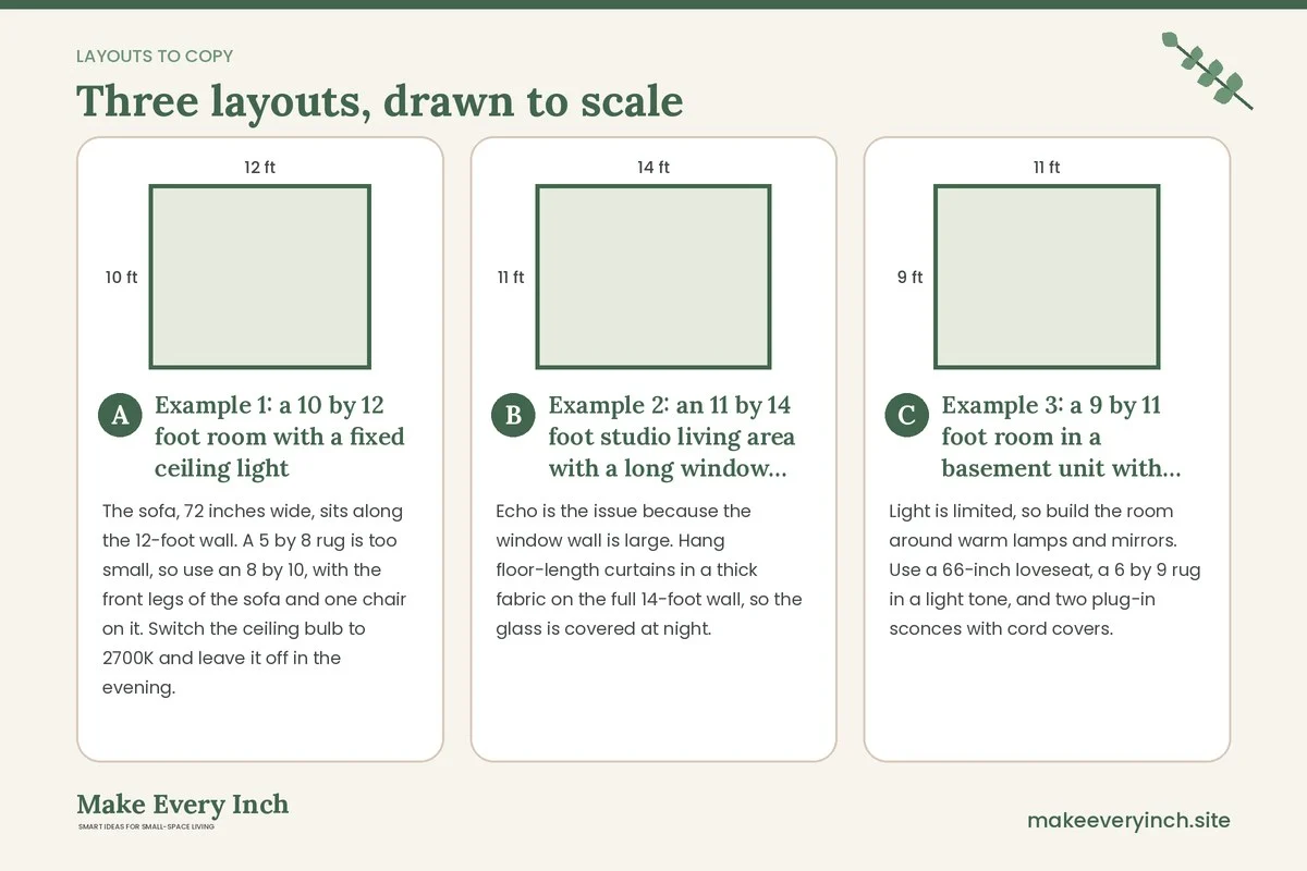 Three room layouts drawn to scale with dimensions and placement notes for: 21 Small Apartment Living Room Ideas Cozy Enough to Live In