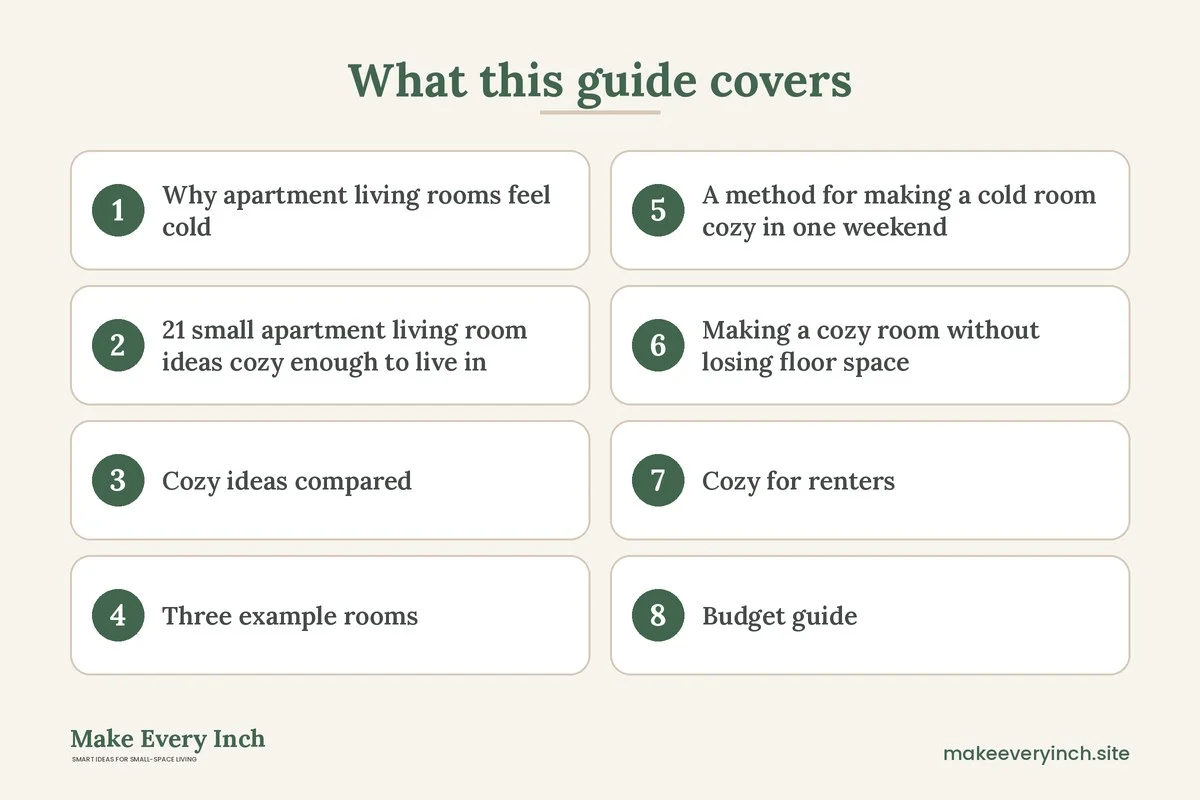 Graphic listing 8 topics covered in: 21 Small Apartment Living Room Ideas Cozy Enough to Live In