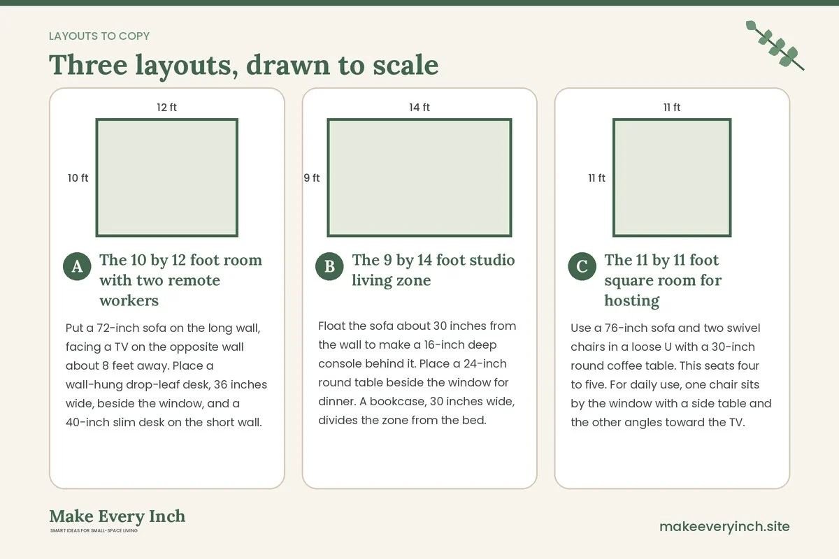 Three room layouts drawn to scale with dimensions and placement notes for: 19 Small Apartment Living Room Ideas for Couples Sharing One Space