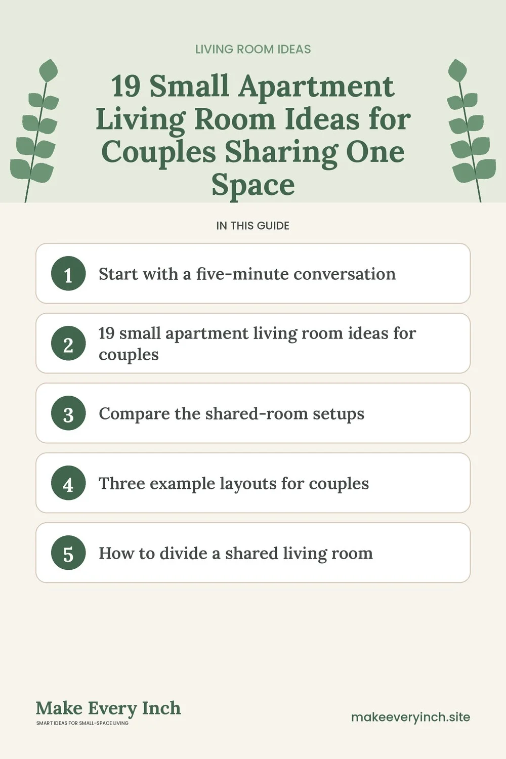 Pinterest pin listing the main topics in: 19 Small Apartment Living Room Ideas for Couples Sharing One Space