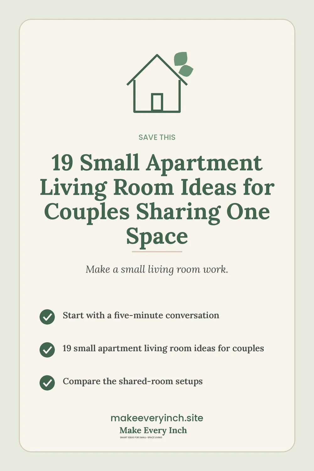 Save-this Pinterest pin with a short checklist for: 19 Small Apartment Living Room Ideas for Couples Sharing One Space