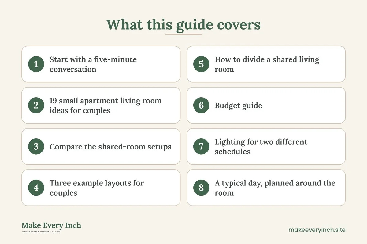 Graphic listing 8 topics covered in: 19 Small Apartment Living Room Ideas for Couples Sharing One Space