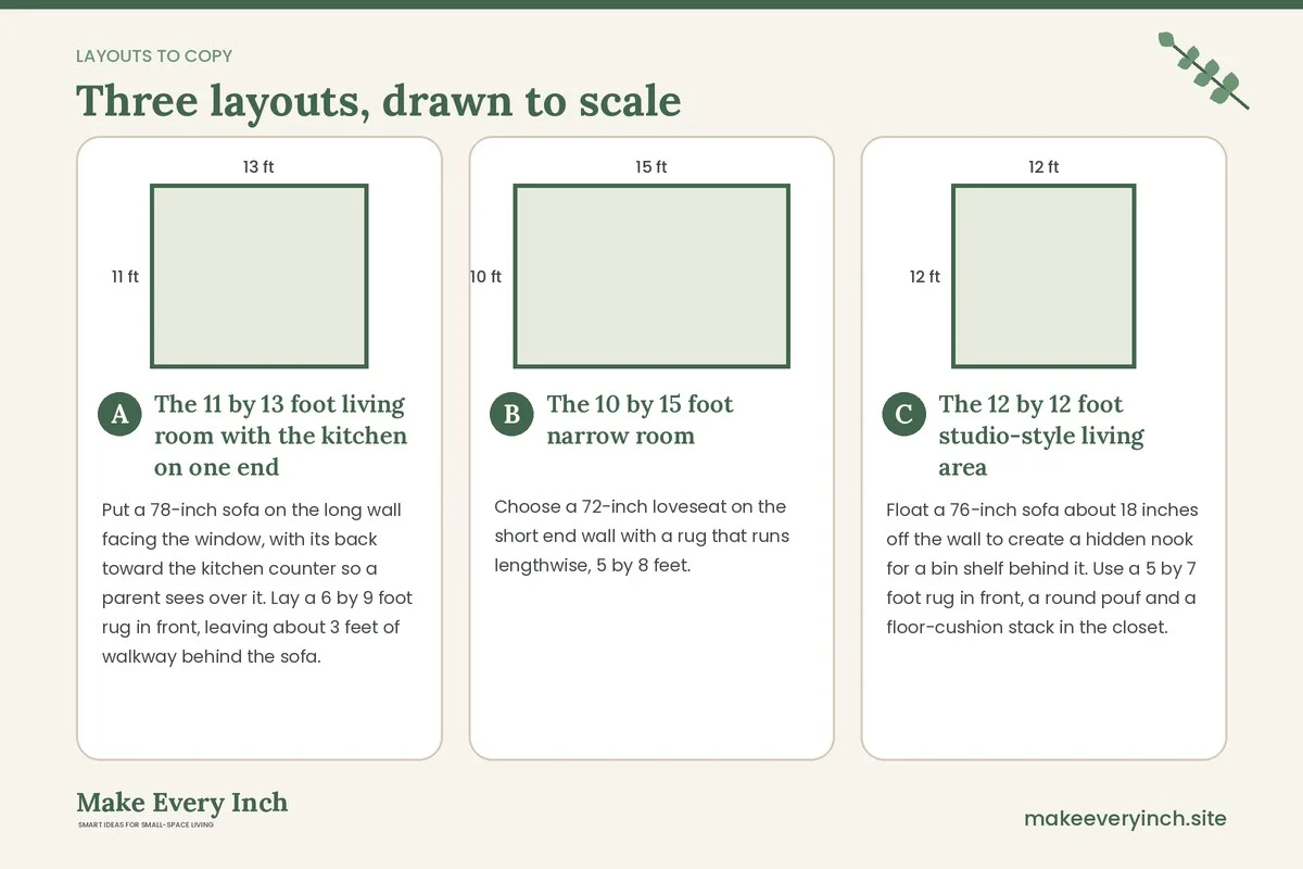 Three room layouts drawn to scale with dimensions and placement notes for: 21 Small Apartment Living Room Ideas for Families With Kids