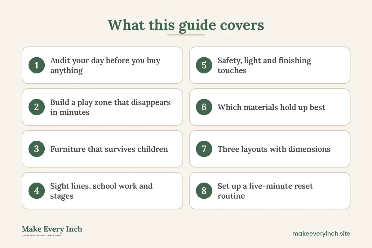 Graphic listing 8 topics covered in: 21 Small Apartment Living Room Ideas for Families With Kids