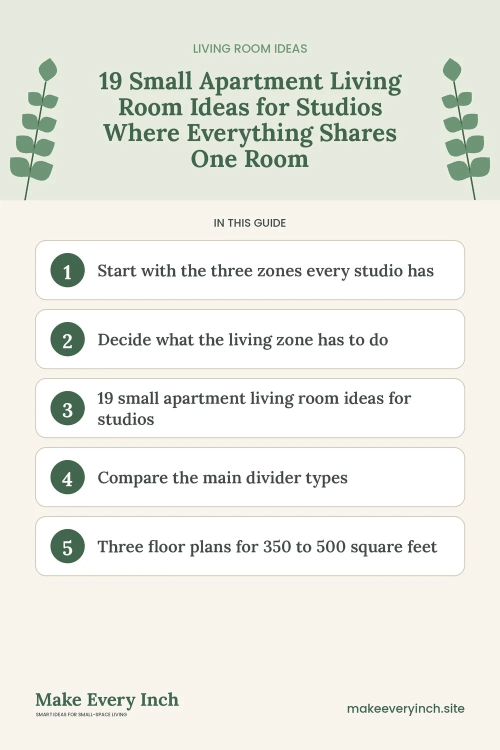 Pinterest pin listing the main topics in: 19 Small Apartment Living Room Ideas for Studios Where Everything Shares One Room