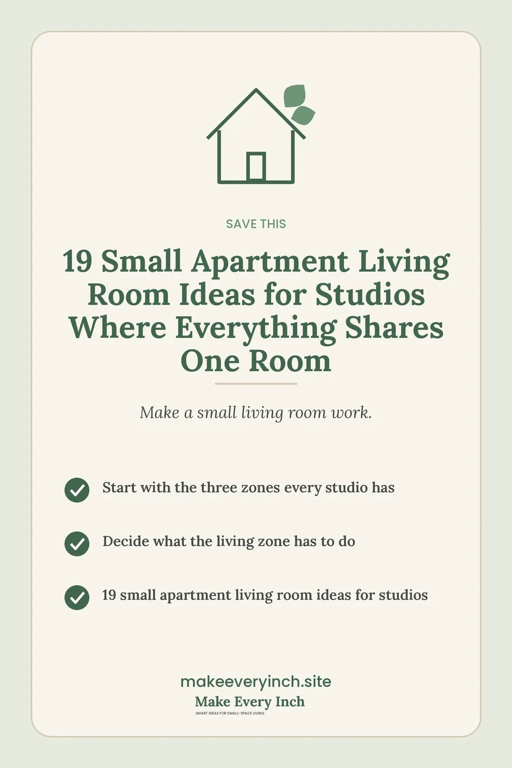 Save-this Pinterest pin with a short checklist for: 19 Small Apartment Living Room Ideas for Studios Where Everything Shares One Room