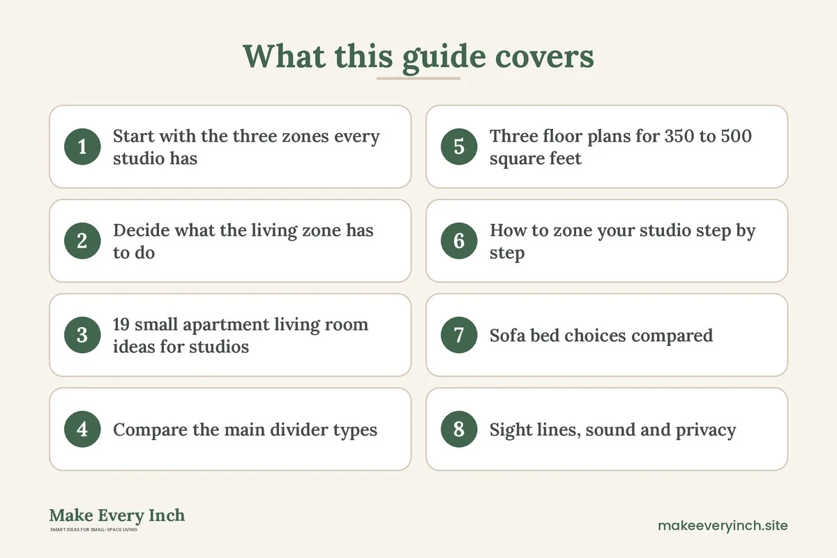 Graphic listing 8 topics covered in: 19 Small Apartment Living Room Ideas for Studios Where Everything Shares One Room