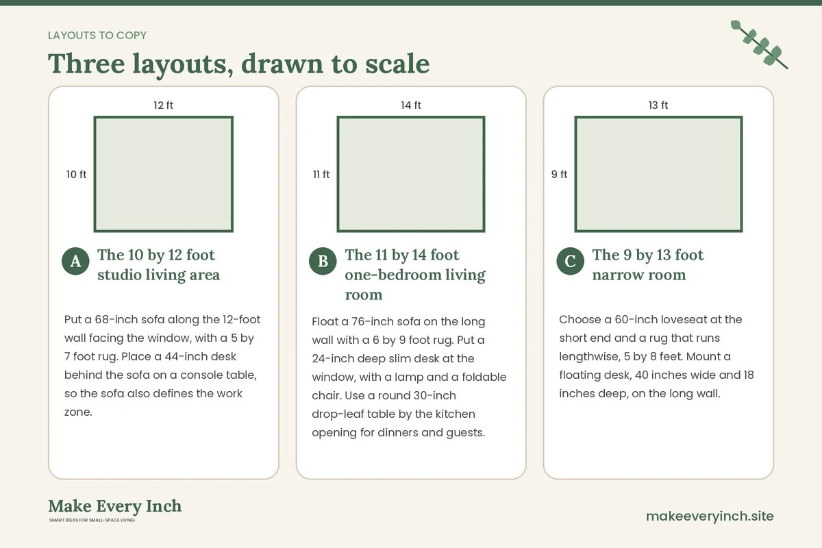 Three room layouts drawn to scale with dimensions and placement notes for: 19 Small Apartment Living Room Ideas for Women Living Solo