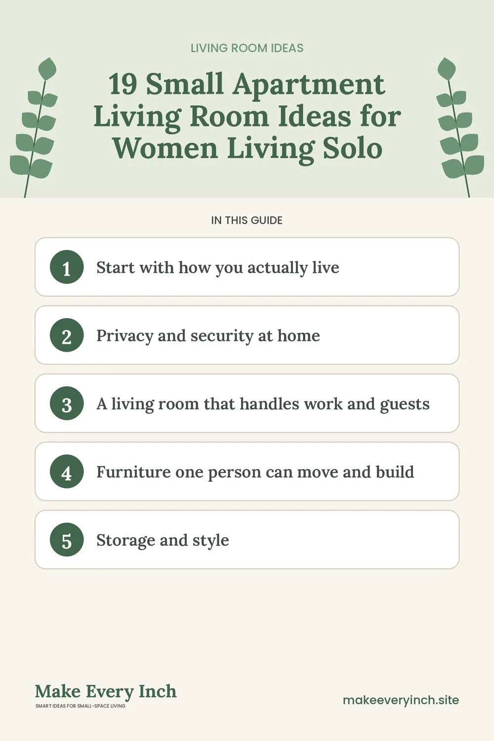 Pinterest pin listing the main topics in: 19 Small Apartment Living Room Ideas for Women Living Solo